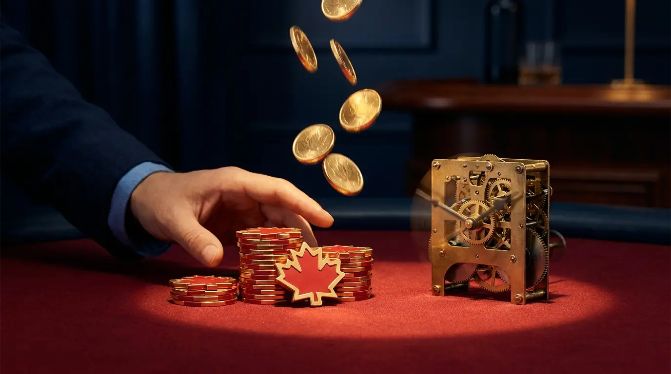Casino chips with maple leaf design and flowing coins on red felt