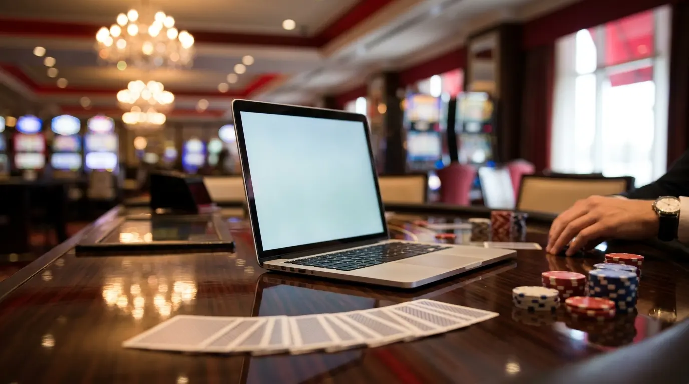 Laptop on casino table with poker chips and Canadian-themed lighting