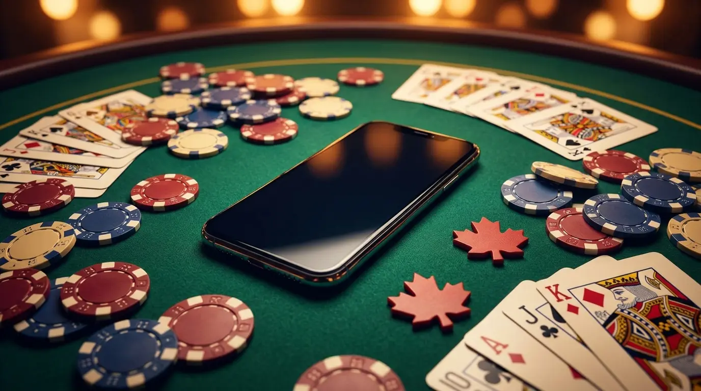 iPhone on casino table with poker chips and cards in warm lighting