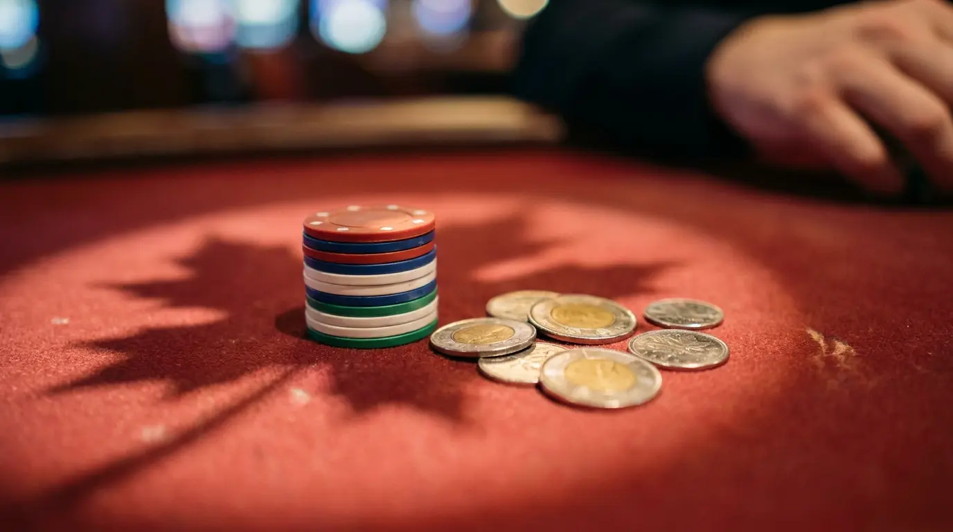Casino chips and Canadian coins on red felt representing low deposits