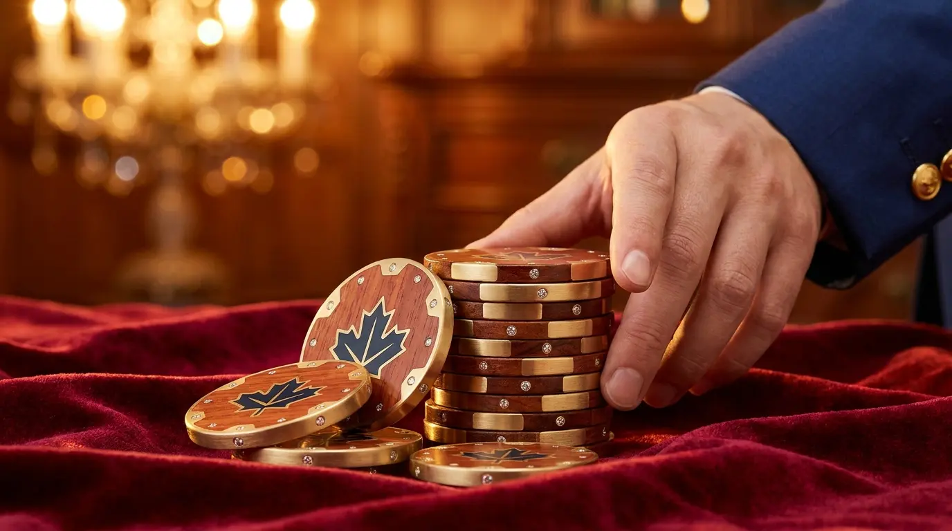 Luxury casino chips with Canadian maple leaf design on red velvet