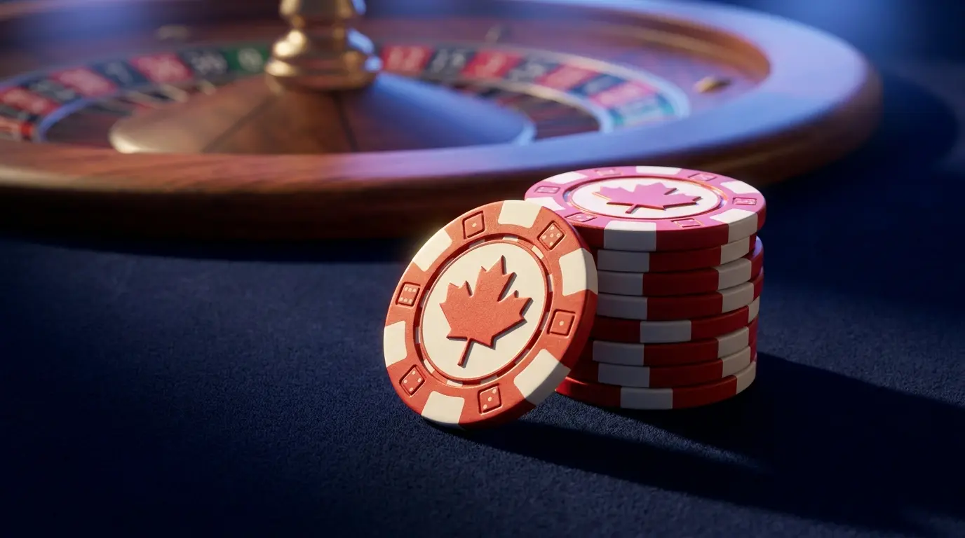 Canadian maple leaf casino chips with roulette wheel background