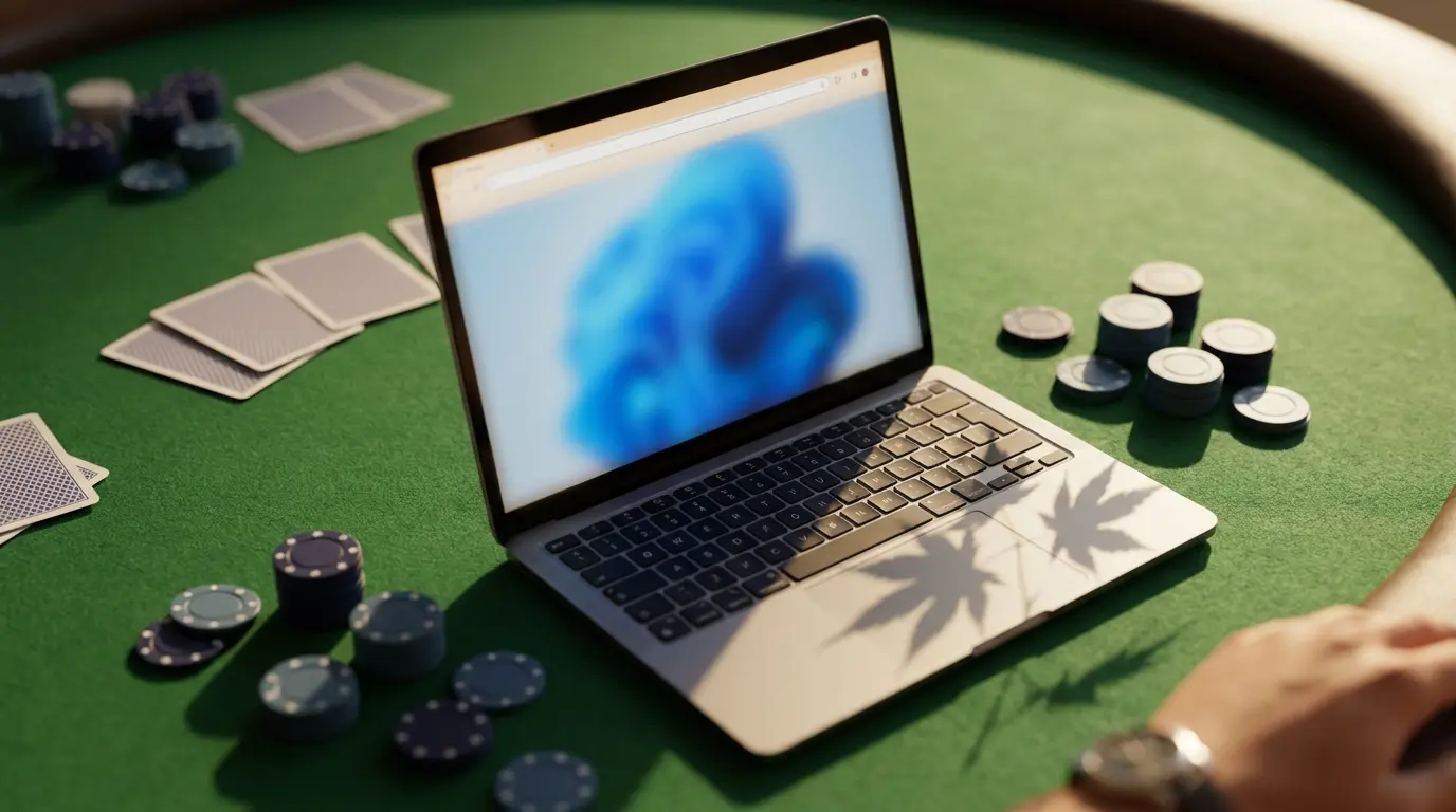 Laptop on casino table with poker chips and Canadian maple leaf shadow