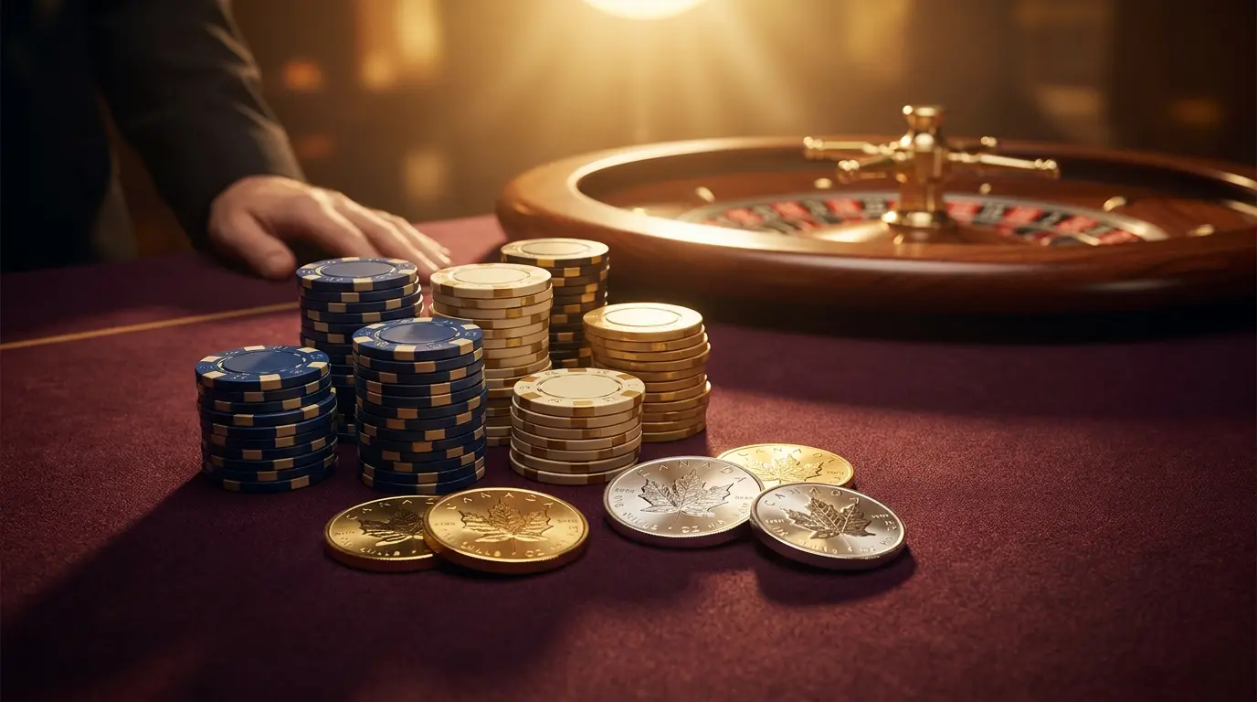Casino chips and maple leaf coins on burgundy felt table