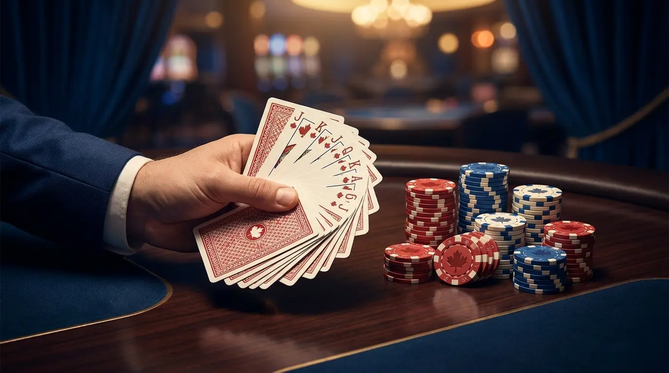 Playing cards and poker chip stacks in Canadian themed colors