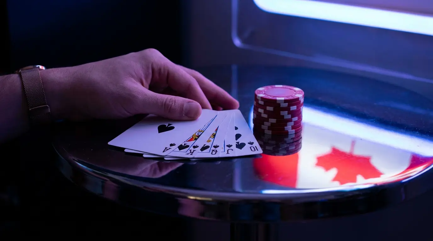 Royal flush cards with poker chips in Canadian red and white colors