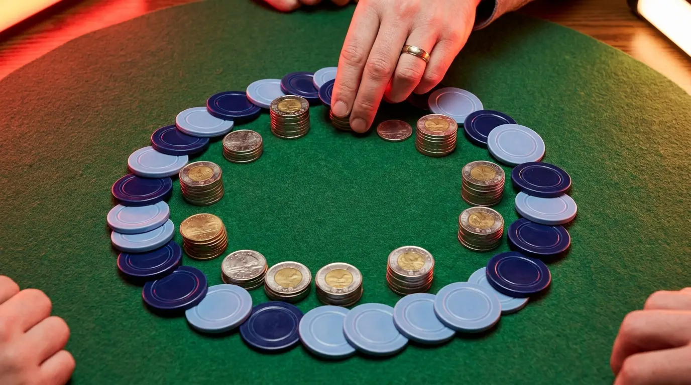 Poker chips and coins arranged on casino felt table