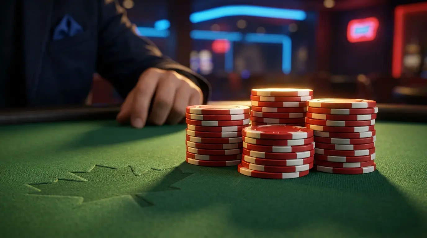 Stacked poker chips on casino felt table