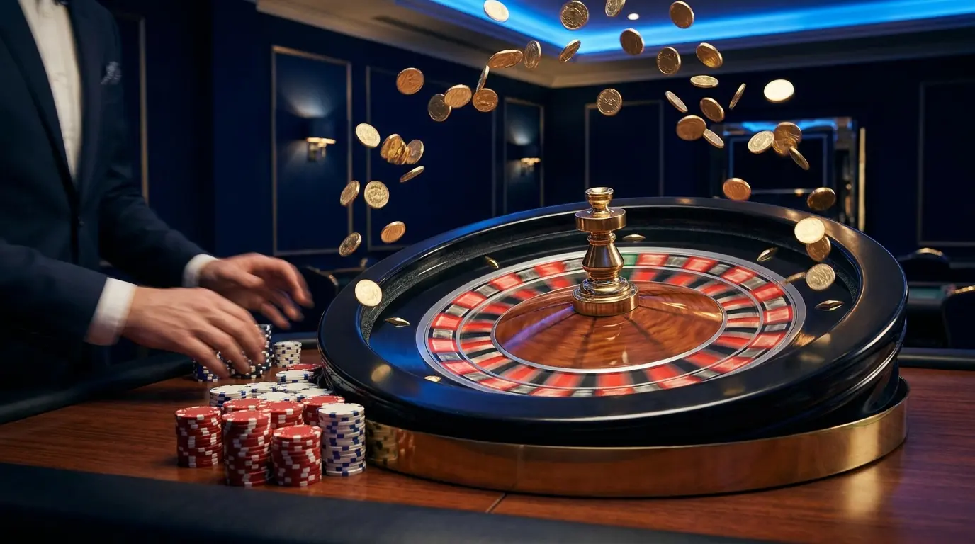 Spinning roulette wheel with chips and cascading golden coins