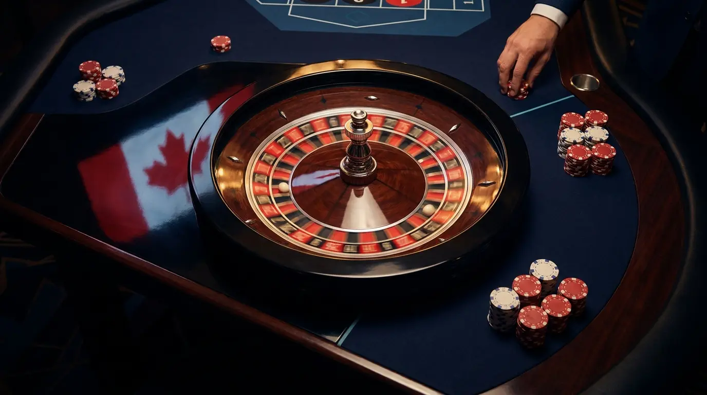 Roulette wheel with red and white chips in Canadian colors