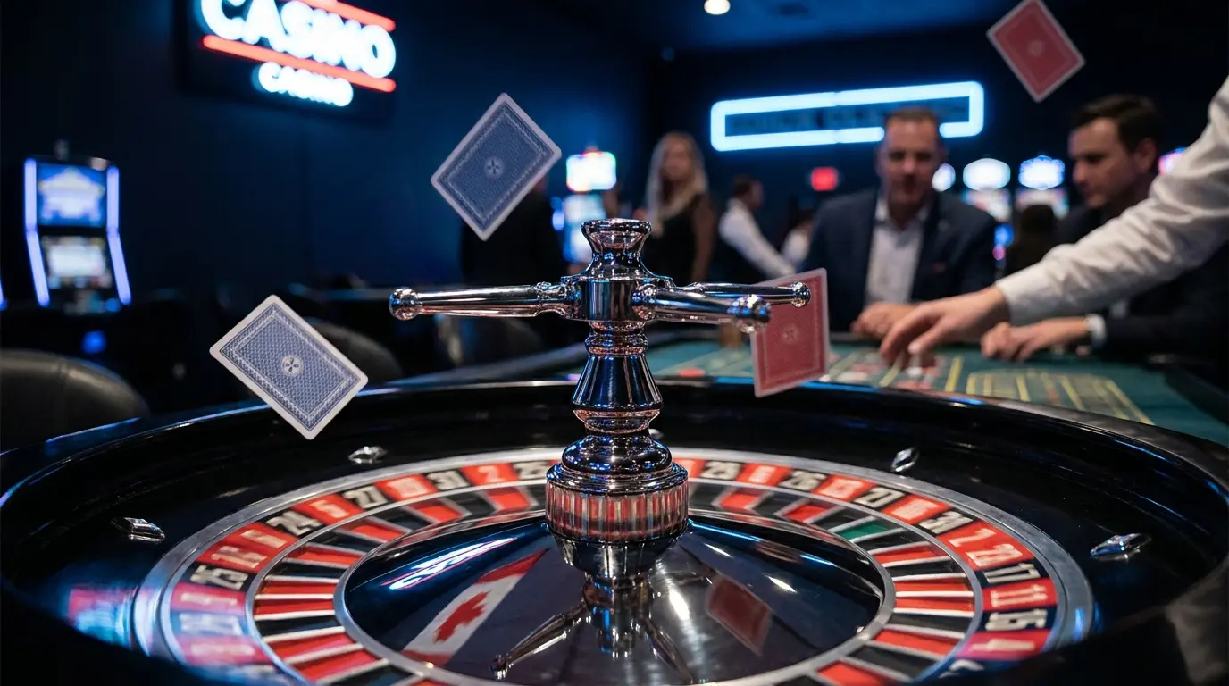 Roulette wheel and cards with Canadian red and white theme