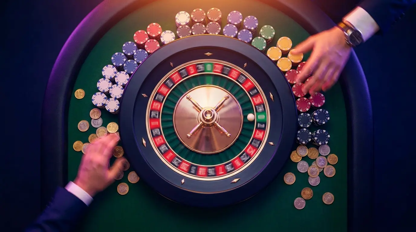 Roulette wheel surrounded by stacked chips and coins on casino table