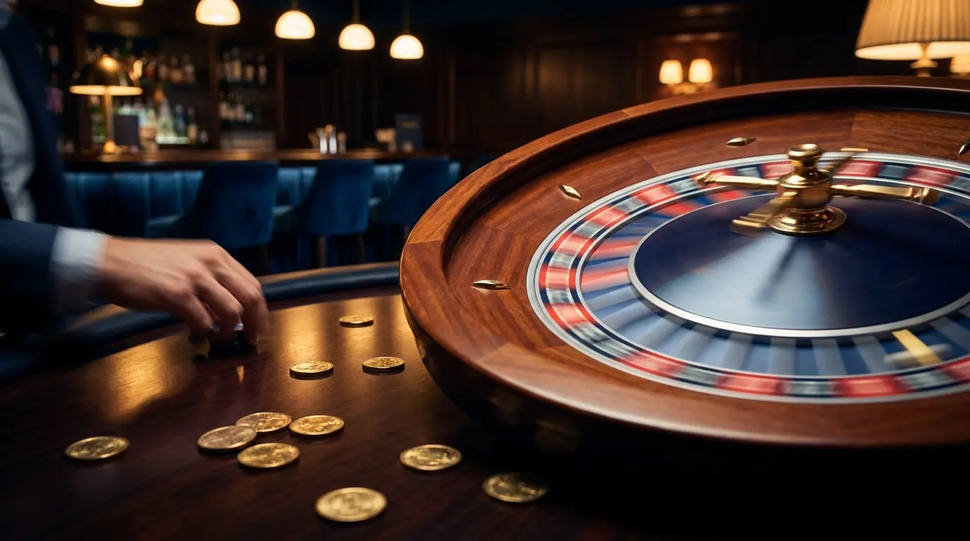 Spinning roulette wheel with coins in Canadian-themed casino setting