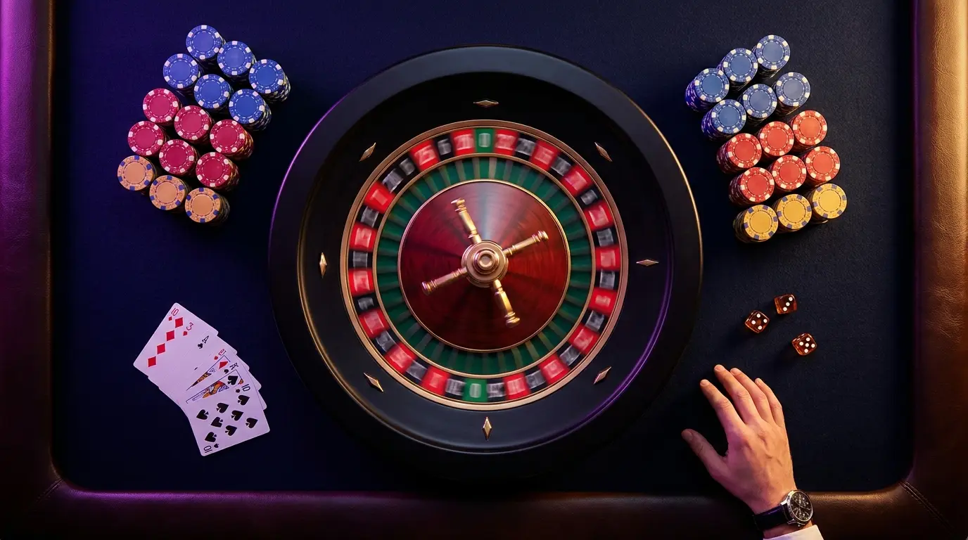 Roulette wheel surrounded by casino chips and gaming elements