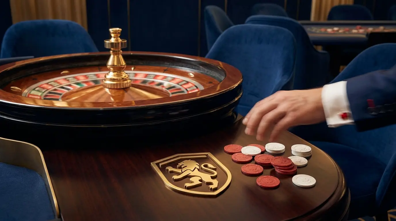 Roulette wheel with security emblem and Canadian-themed chips