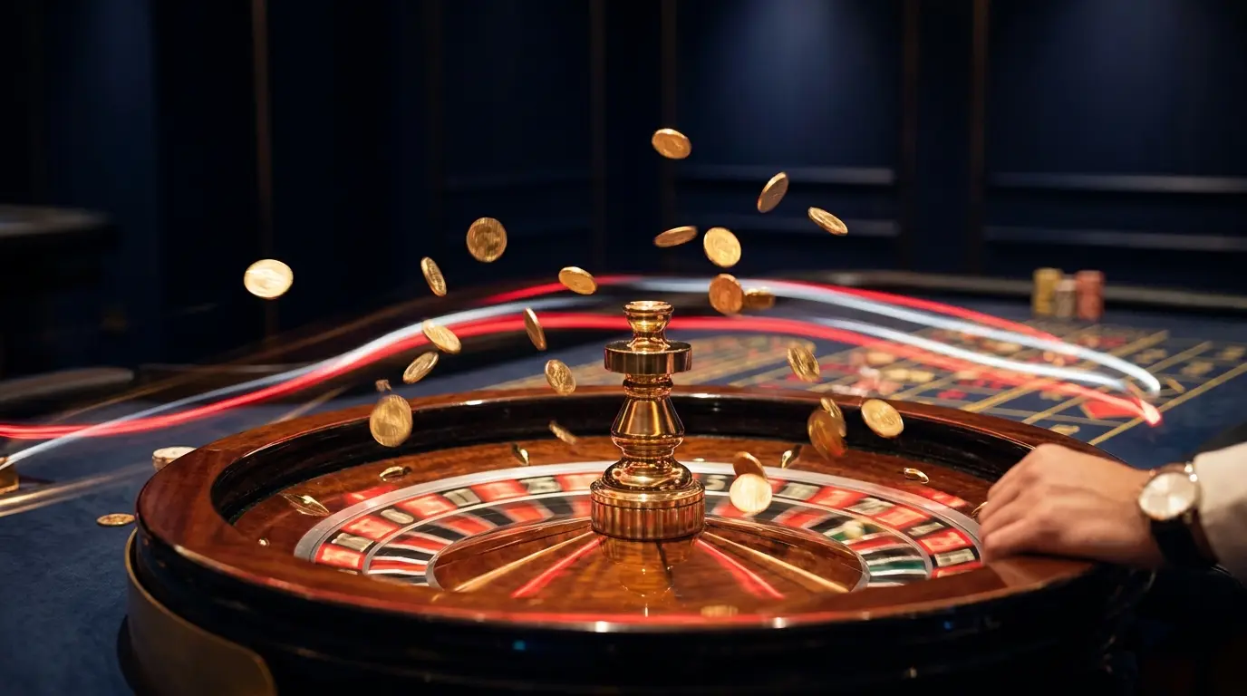 Spinning roulette wheel with floating golden coins