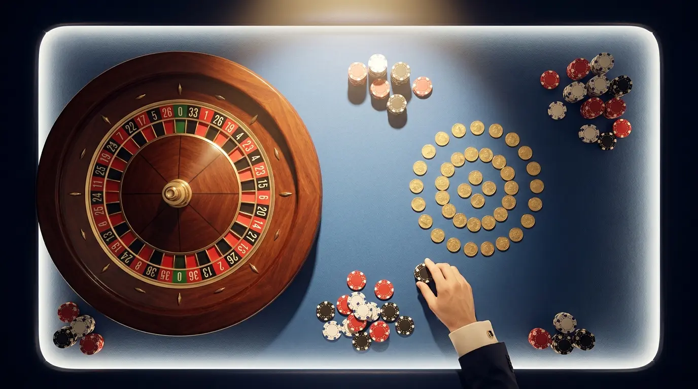 Roulette wheel surrounded by casino chips and coins from above