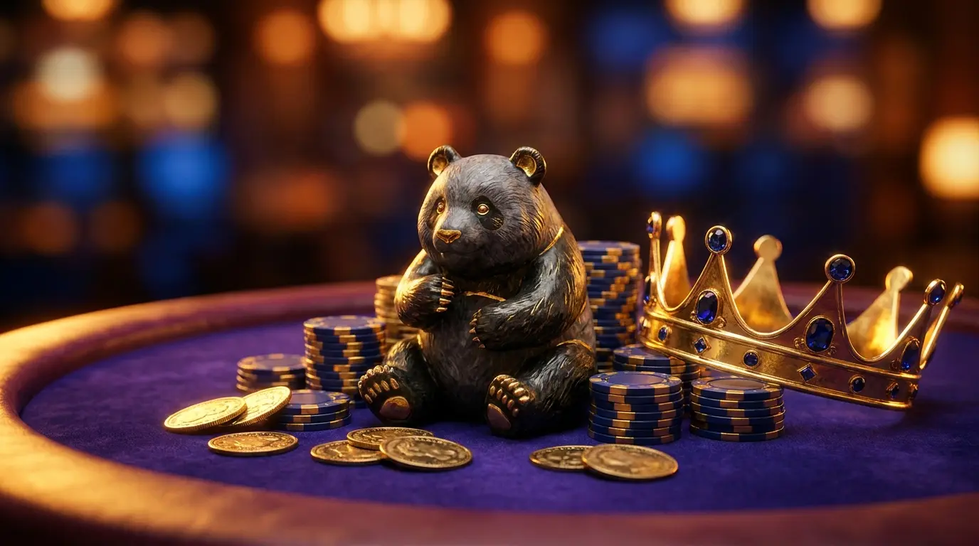 Panda figure with casino chips, crown and coins on purple velvet