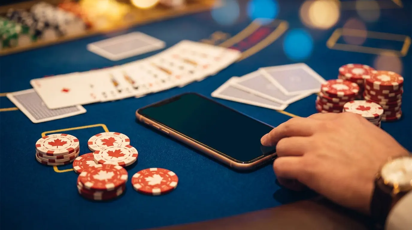 Smartphone on casino table with Canadian-themed poker chips