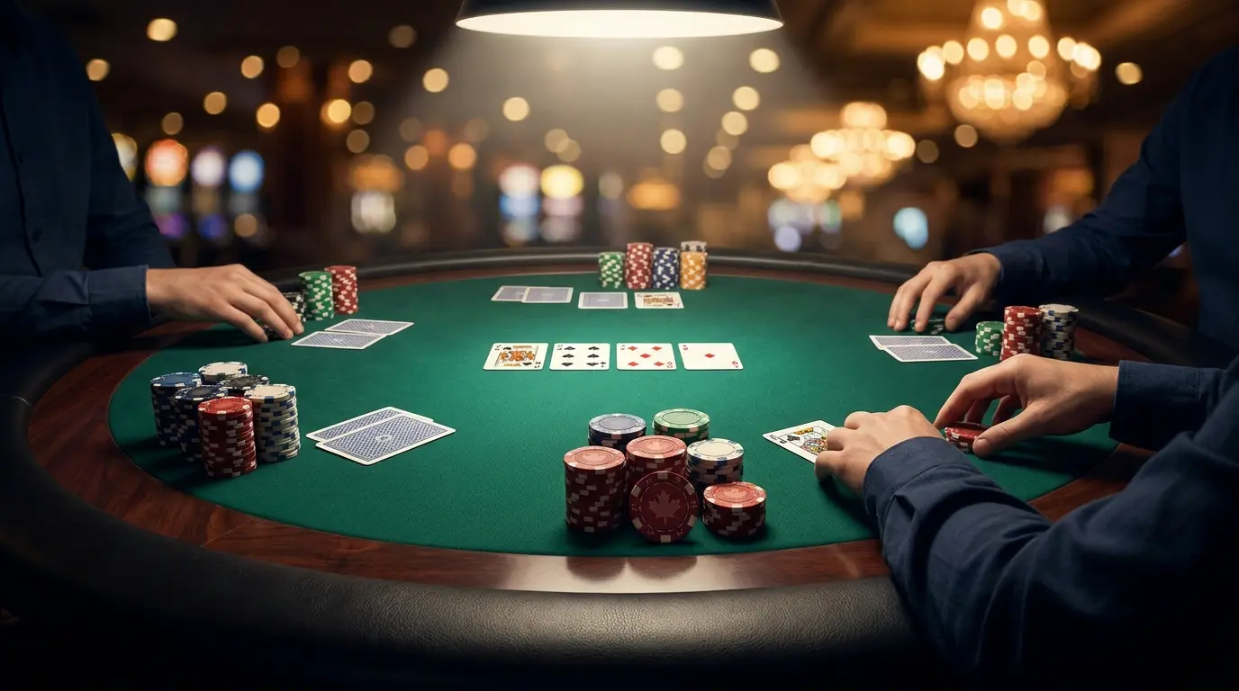 Poker table with cards and chips in Canadian-themed casino setting