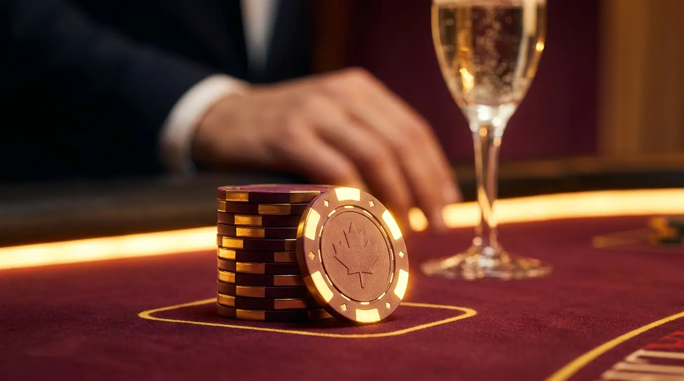 Premium casino chips on red felt with champagne glass background