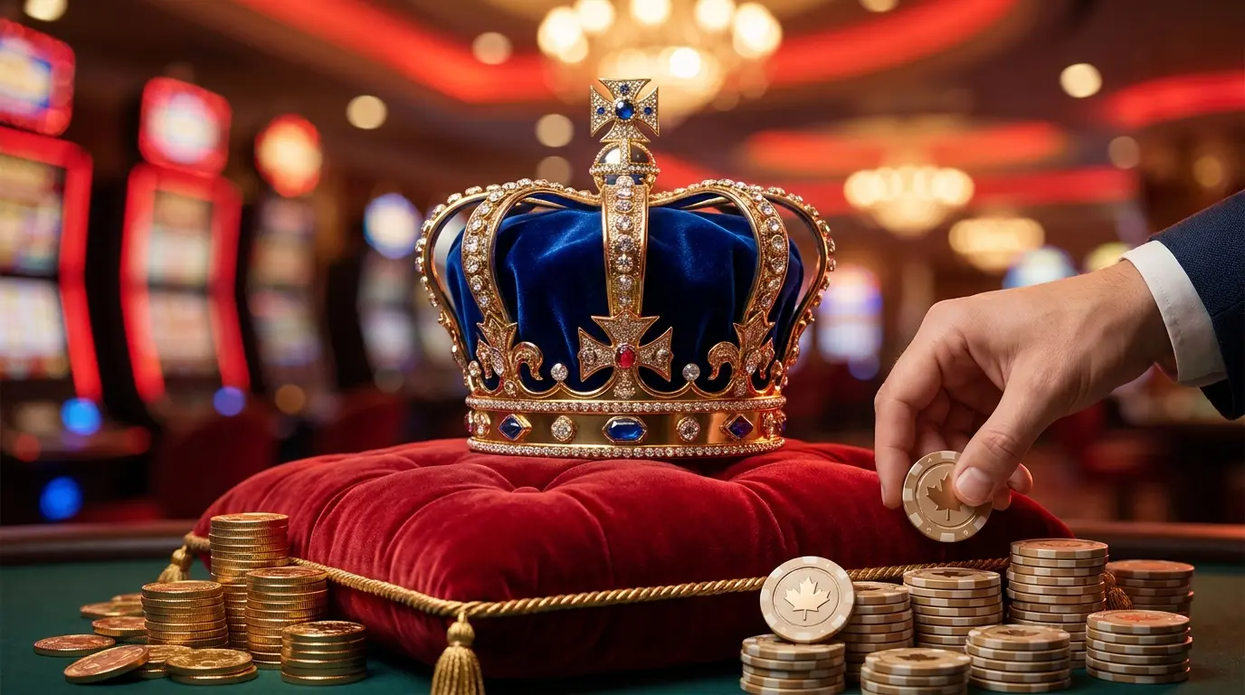 VIP crown with poker chips and gold coins on red velvet cushion