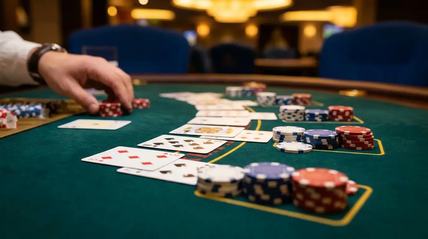 Blackjack-Karten und Chips auf grünem Filz in Casino-Atmosphäre