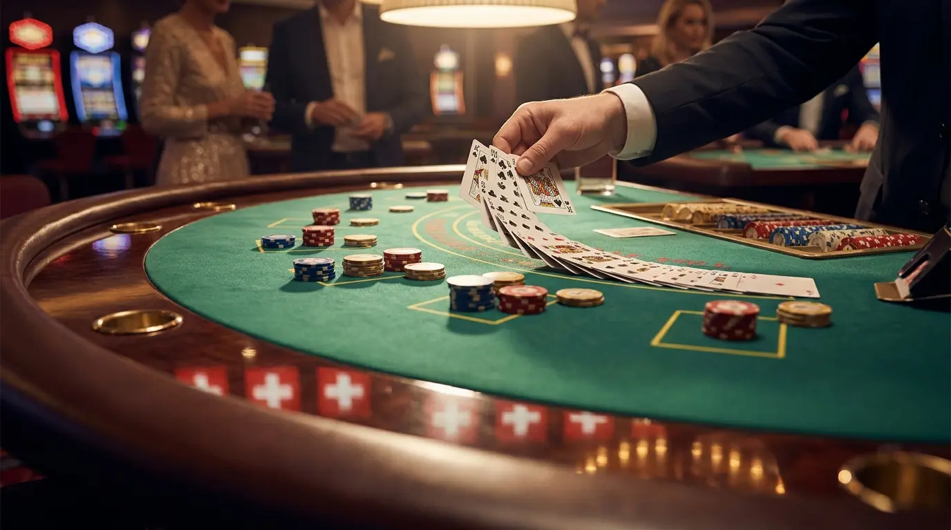 Blackjack-Tisch mit Karten und Chips in Schweizer Farben