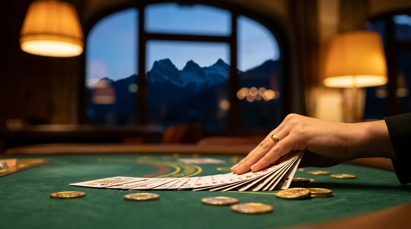Spielkarten und Goldmünzen vor Schweizer Bergkulisse im Casino
