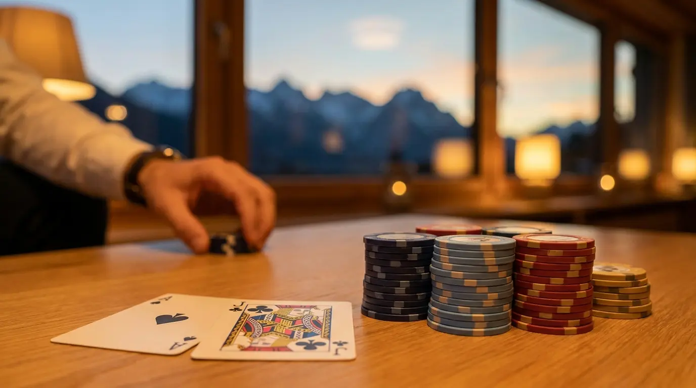Casino-Chips und Spielkarten mit Schweizer Bergkulisse im Hintergrund