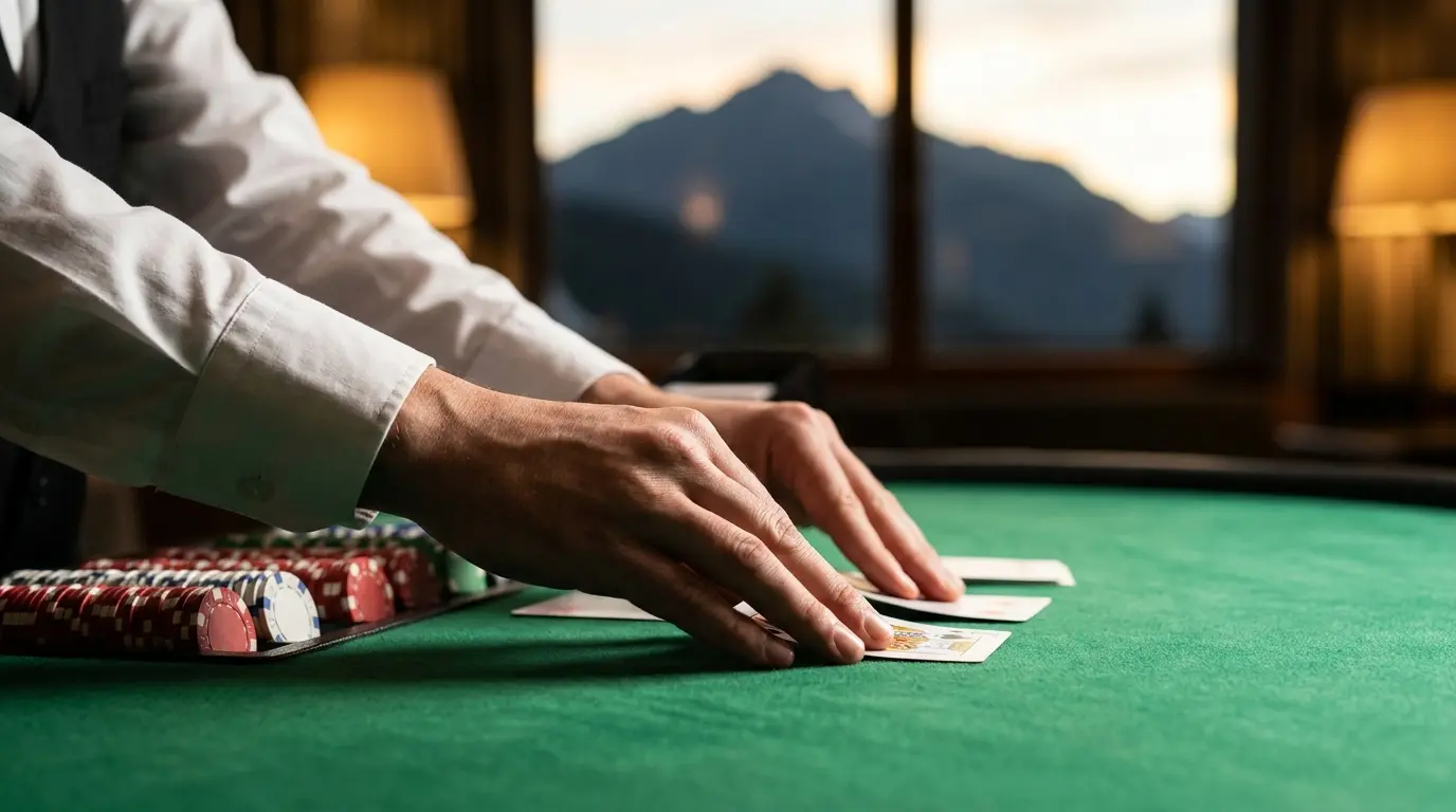 Dealer gibt Blackjack-Karten mit Schweizer Alpen im Hintergrund
