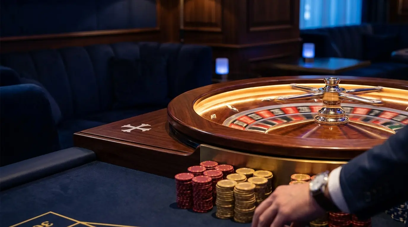 Roulette-Rad mit Schweizer Motiven und Casino-Chips