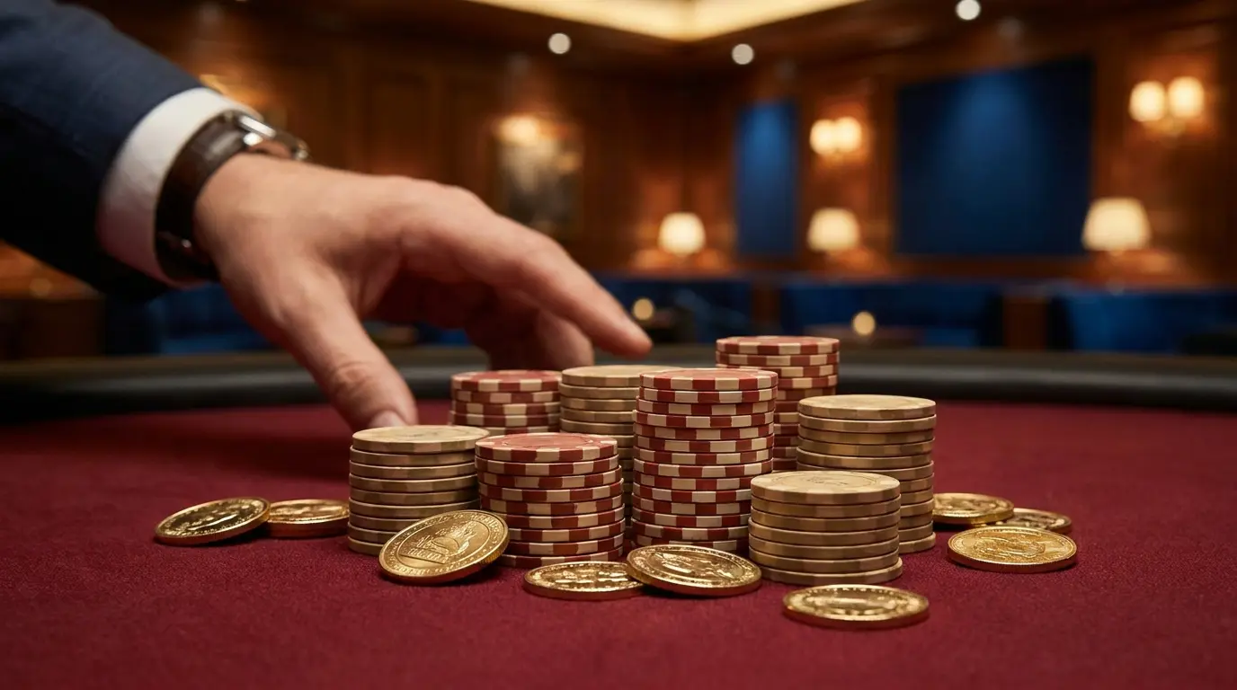 Casino-Chips und Münzen auf rotem Filz in Schweizer Farben