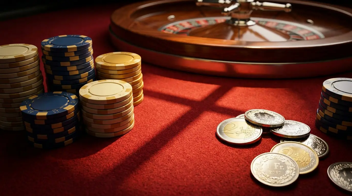 Casino-Chips und Schweizer Franken auf rotem Filz mit Kreuz-Schatten