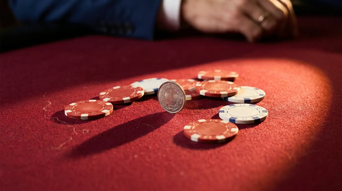 Schweizer Franken Münze auf rotem Casino-Filz mit Poker-Chips