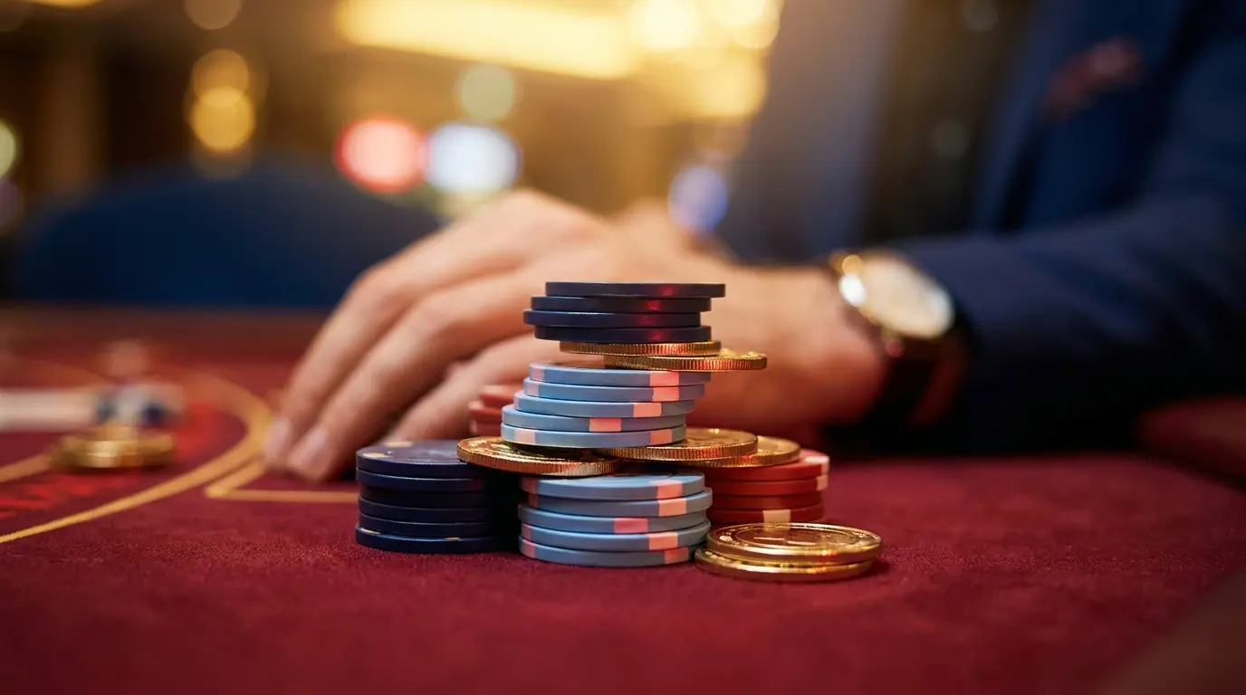 Fichas de casino y monedas sobre mesa de fieltro rojo