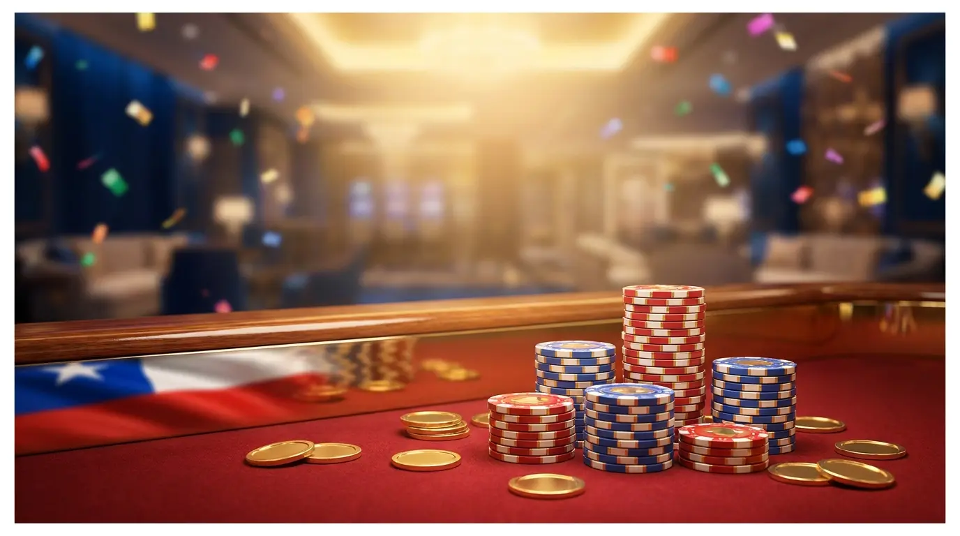 Fichas de casino y monedas con colores de Chile en ambiente acogedor