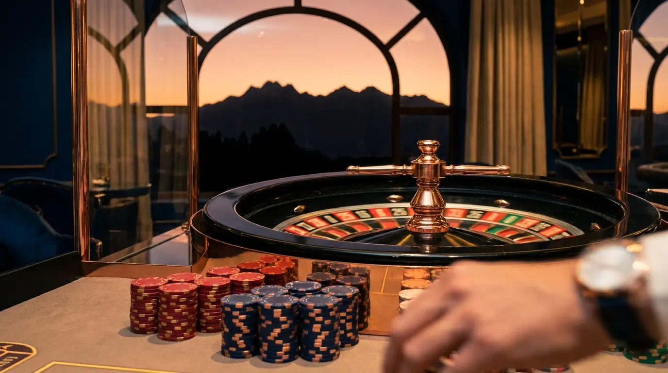 Ruleta en movimiento con fichas y montañas de Chile al fondo