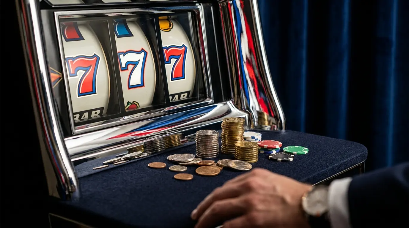 Máquina tragamonedas con fichas de casino y colores chilenos
