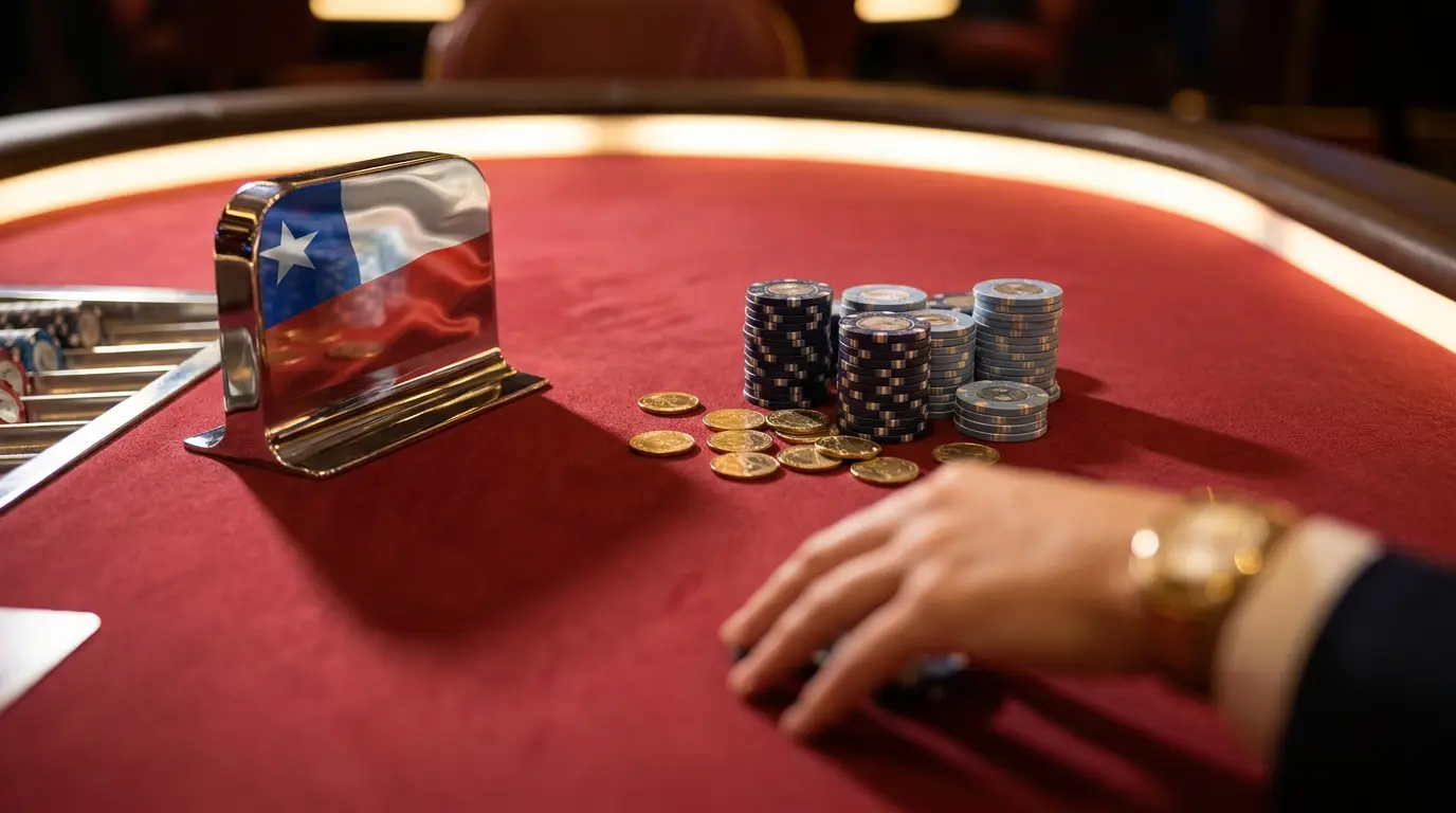 Fichas de casino y monedas doradas sobre mesa de póker roja