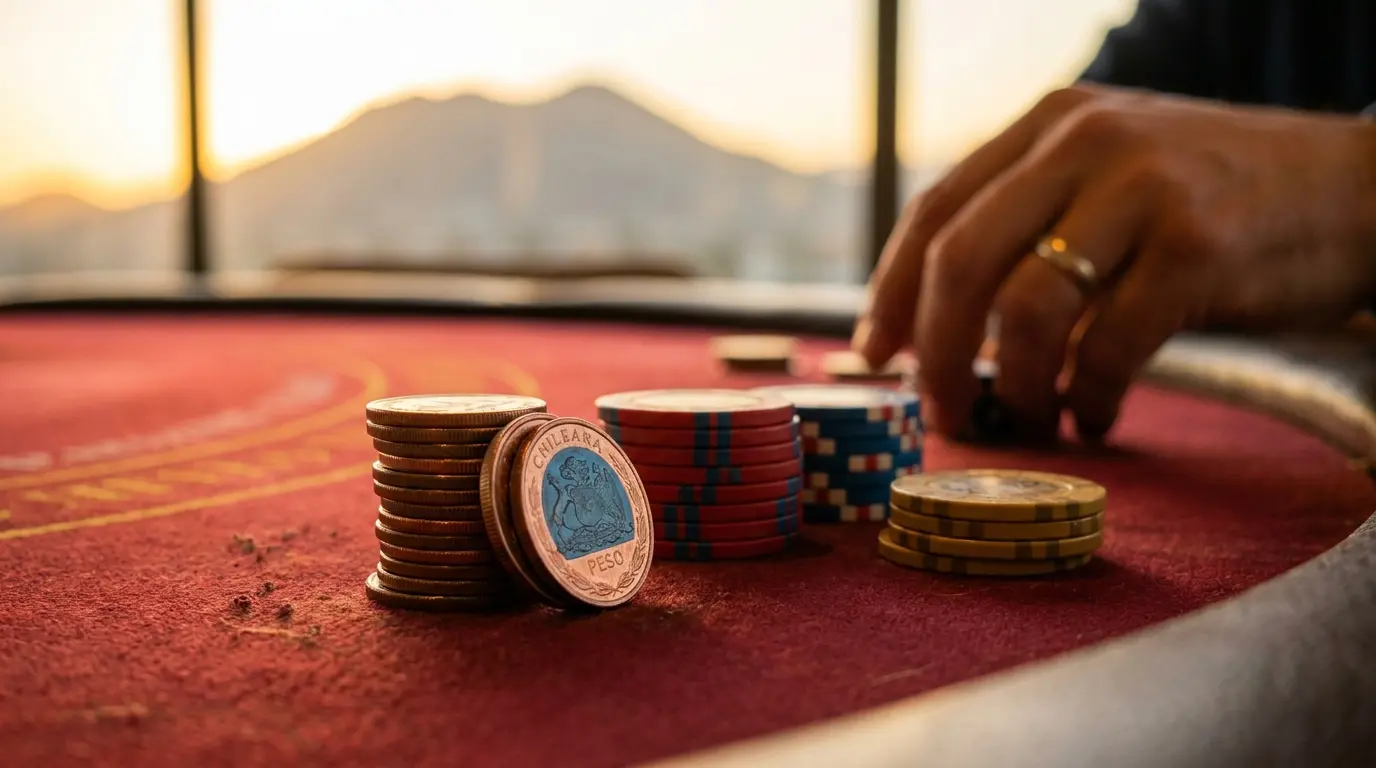 Monedas chilenas y fichas de casino sobre mesa de fieltro rojo