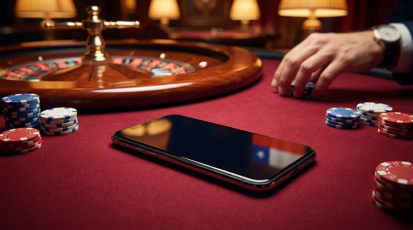 iPhone sobre mesa de casino con fichas y colores chilenos