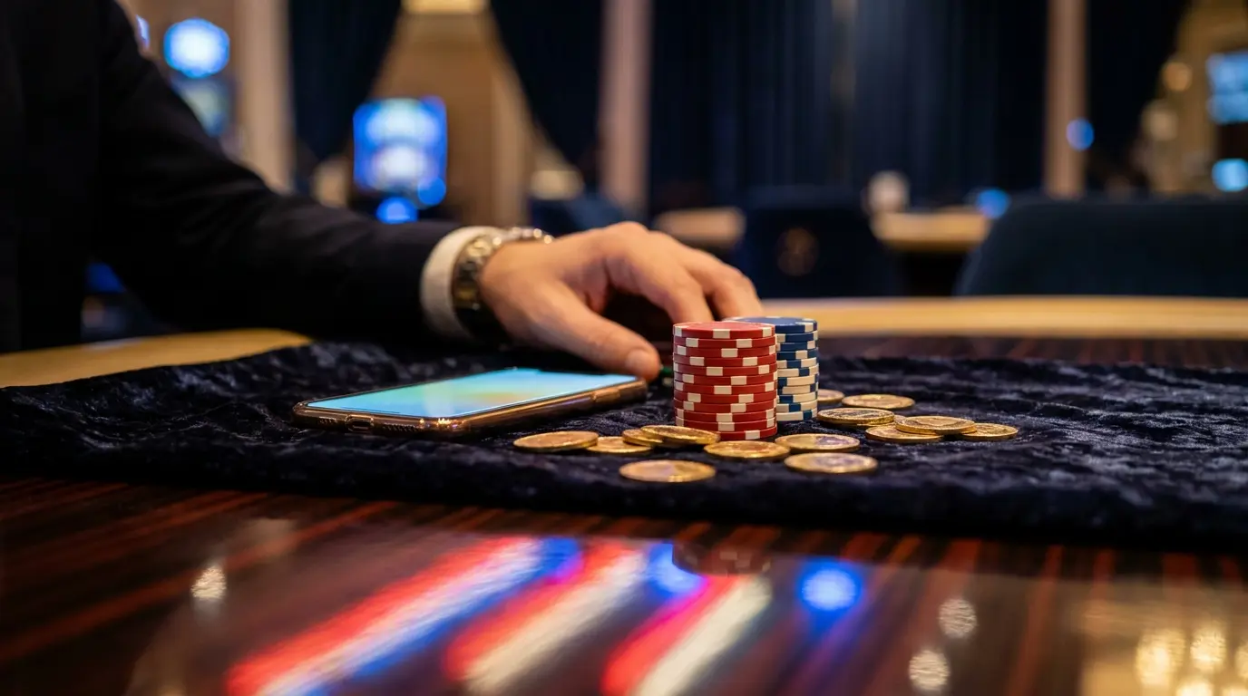 Fichas de casino con colores de bandera chilena y monedas doradas