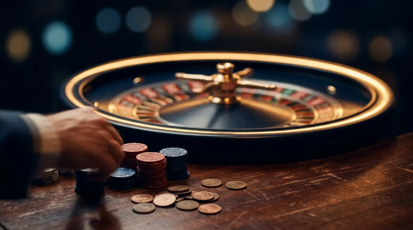 Ruleta girando con fichas de casino y monedas chilenas