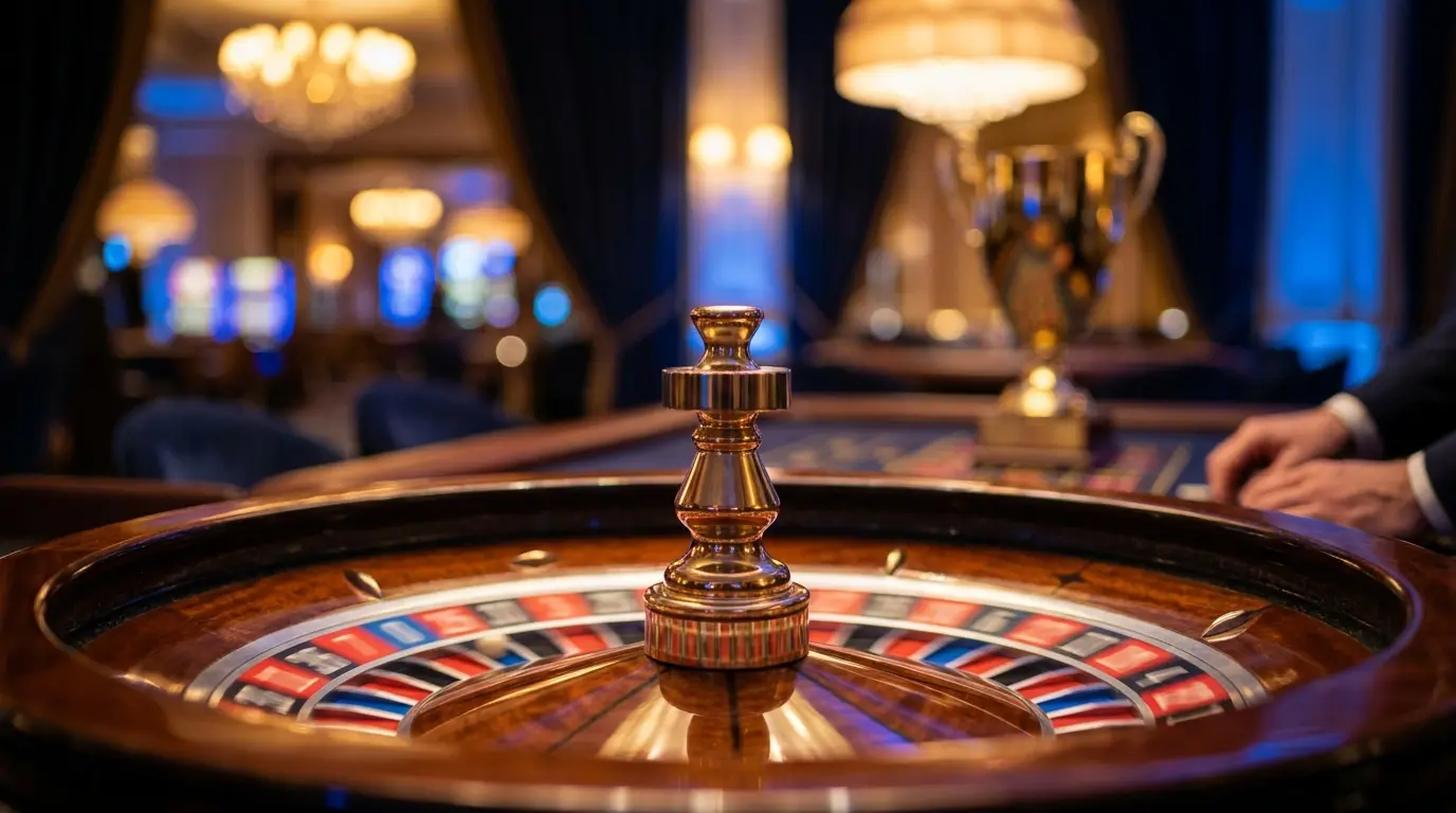 Ruleta girando con trofeo dorado y luces de casino