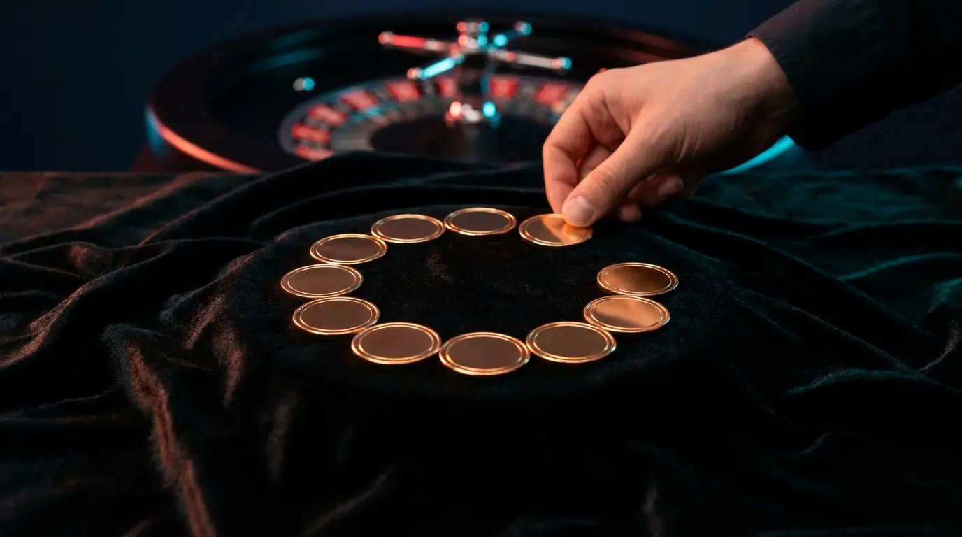 Monedas doradas dispuestas en círculo con ruleta de fondo