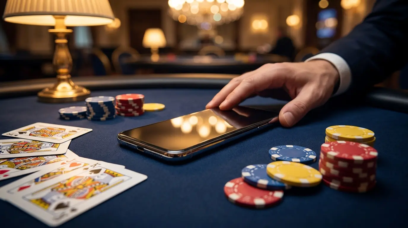 Smartphone con fichas de casino y cartas sobre mesa de fieltro