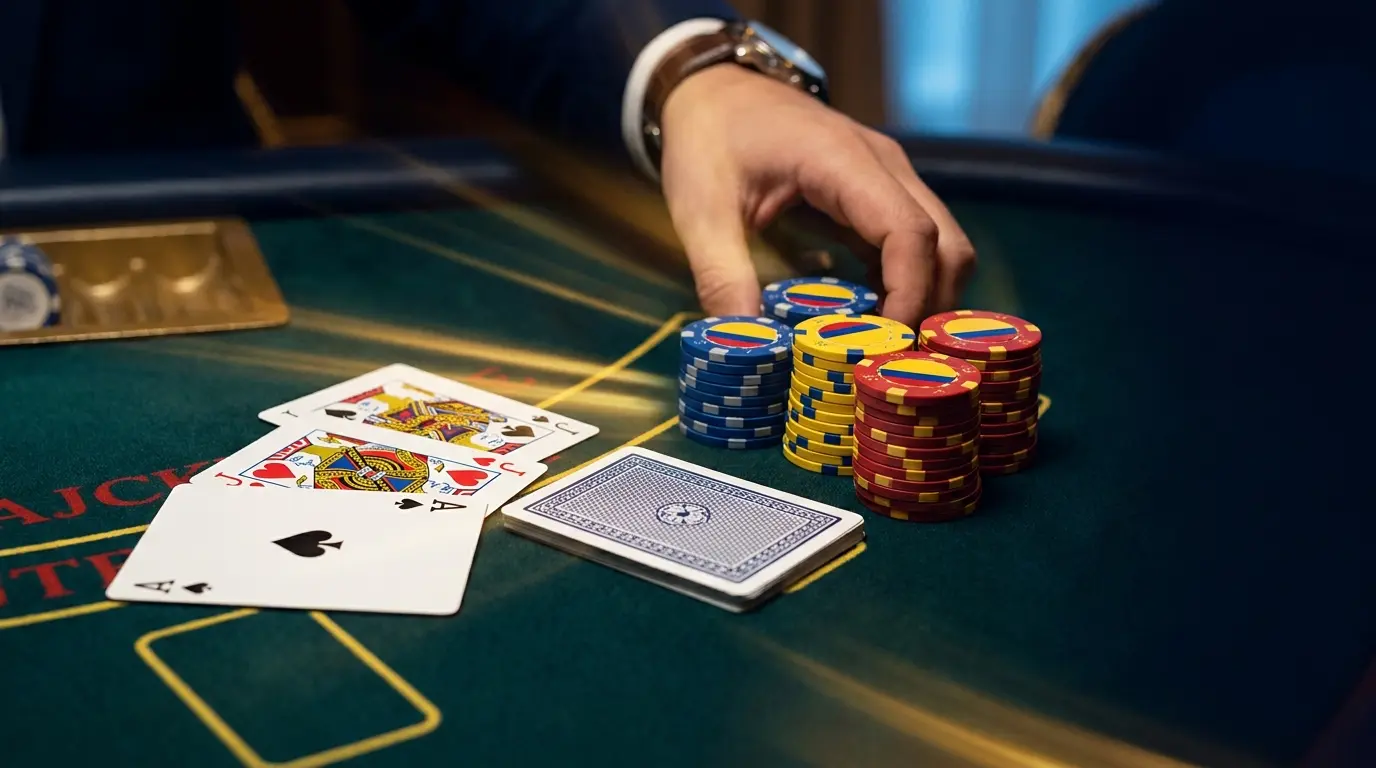 Mesa de blackjack con fichas en colores de Colombia