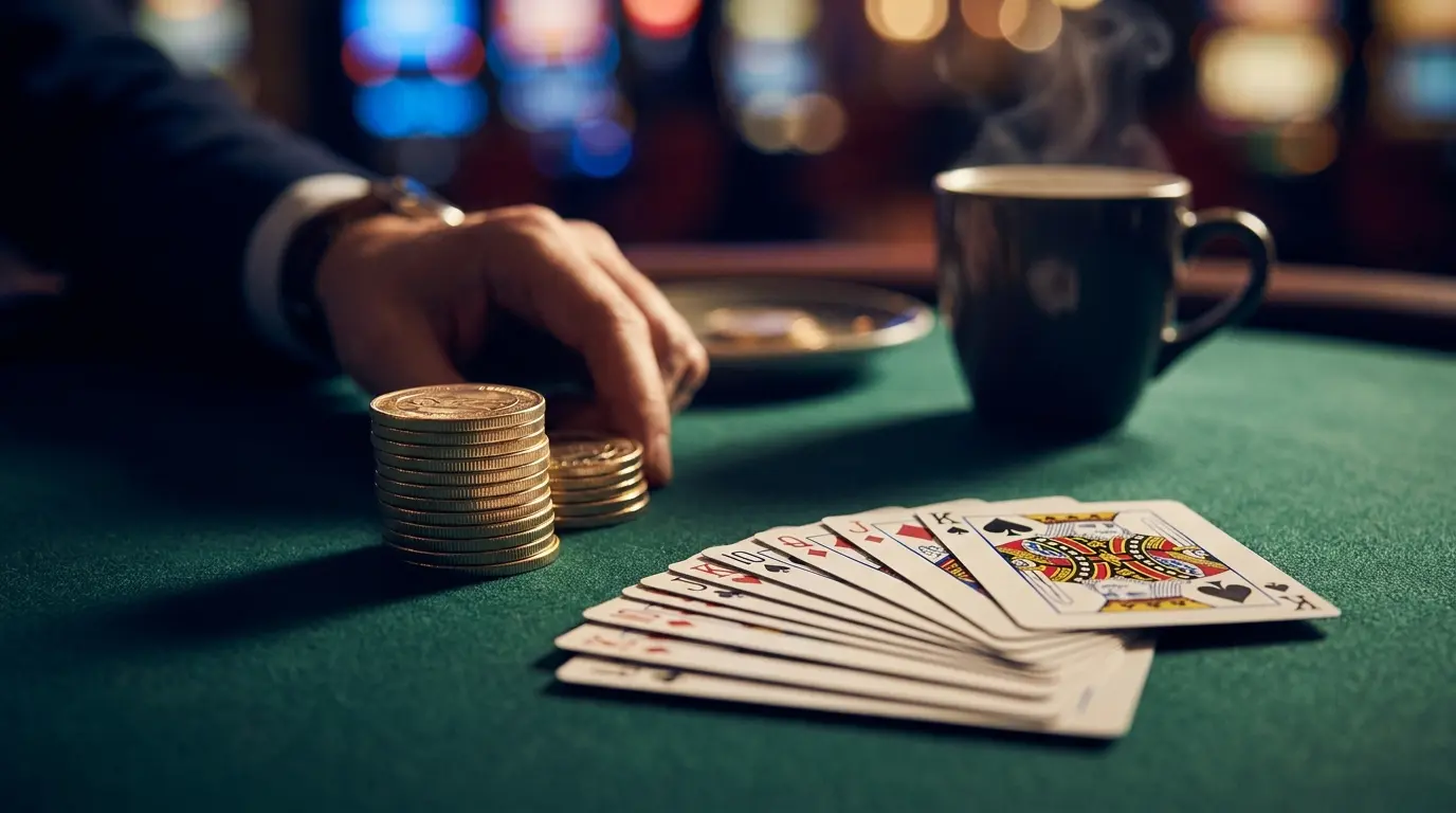 Monedas y cartas de poker con café colombiano de fondo