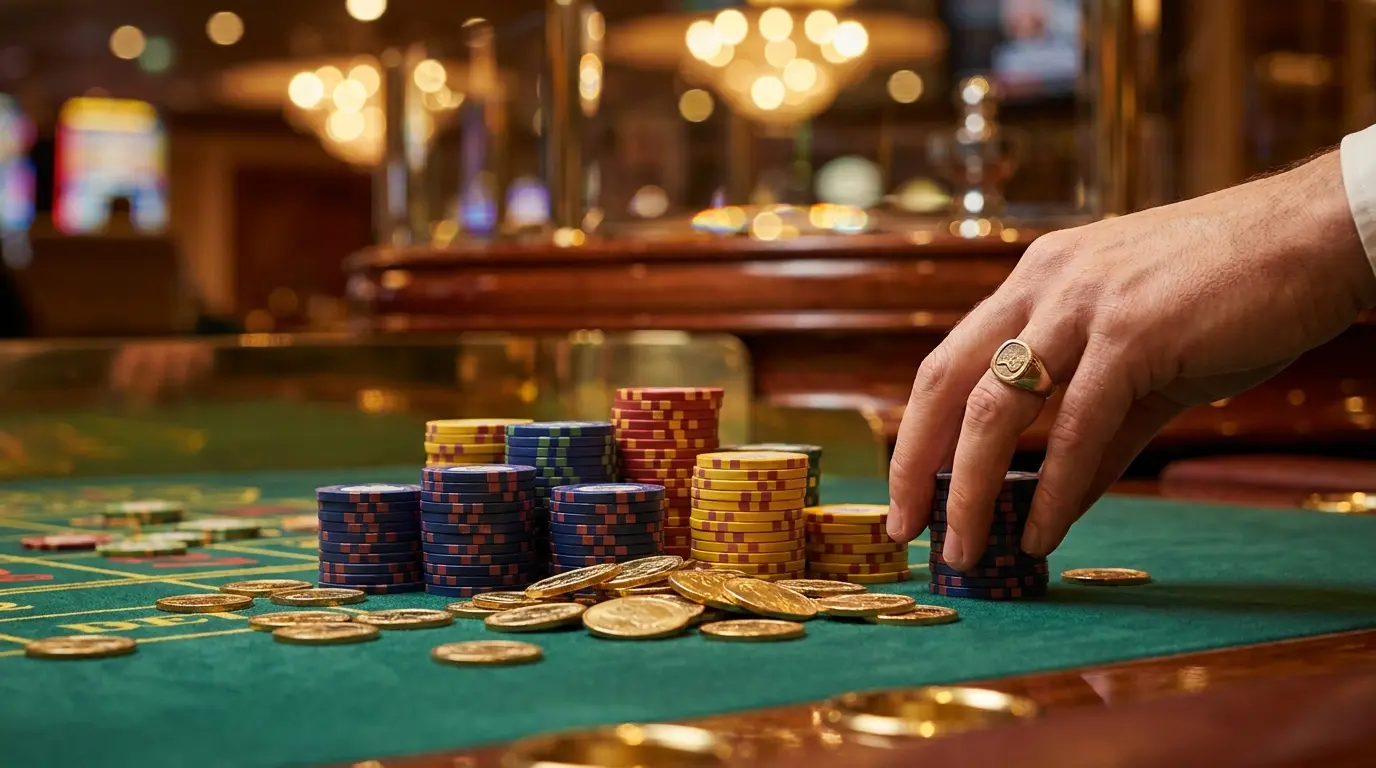 Fichas de casino y monedas sobre mesa de fieltro verde
